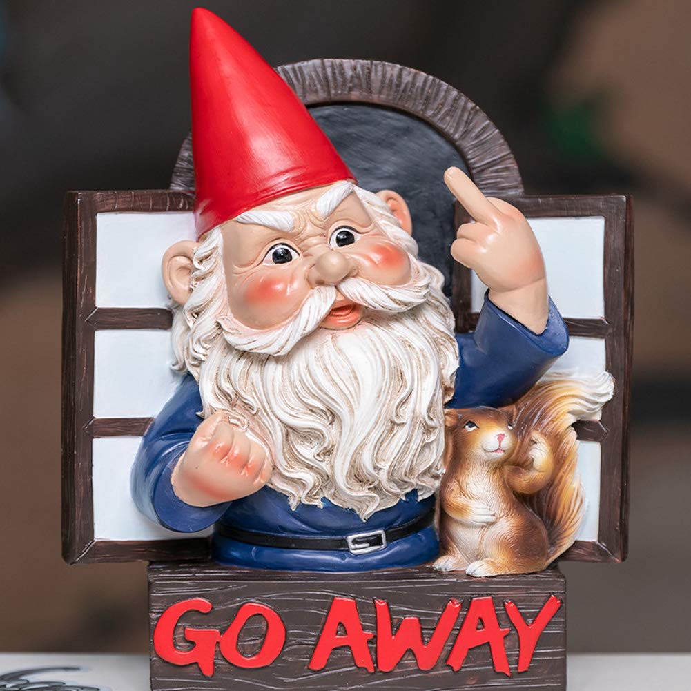 Go Away Gnome with Squirrel 8 inch Garden Grumpy Gnome by The Window Chuang Middle Finger Statue for Home Decor Garden Patio Gnaughty Elves DwarfsWall/Tree Hanging Ornaments (Go Away Rude Gnome)