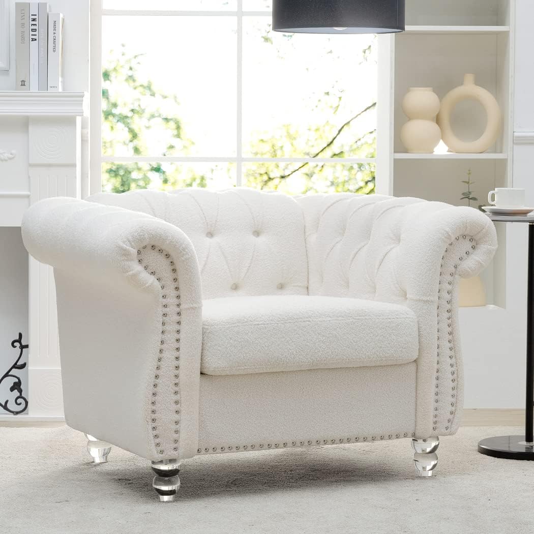 Modern Chesterfield Armchair Fabric, Rolled Arm Tufted Back Accent Chairs, Upholstery Nailhead Trim for Living Room Office (White)