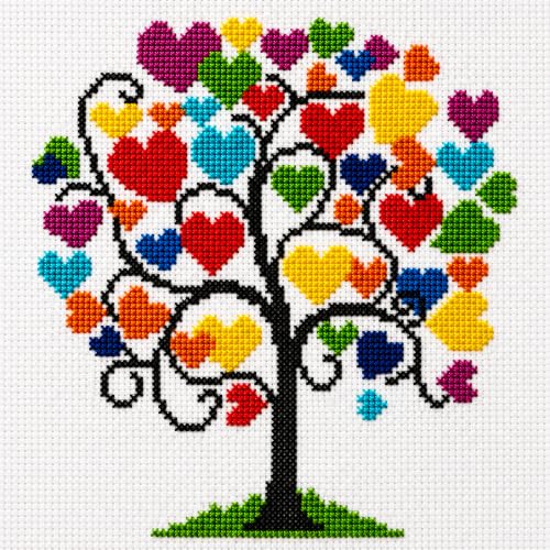 Image of Zhenqing Heart Tree Stamped Cross Stitch Kit for Beginners, 11CT Printed 11.8 x 11.8 Inch Colorful Love Tree Pattern with Threads, Needles and English Instructions, DIY Wall Decor Gift