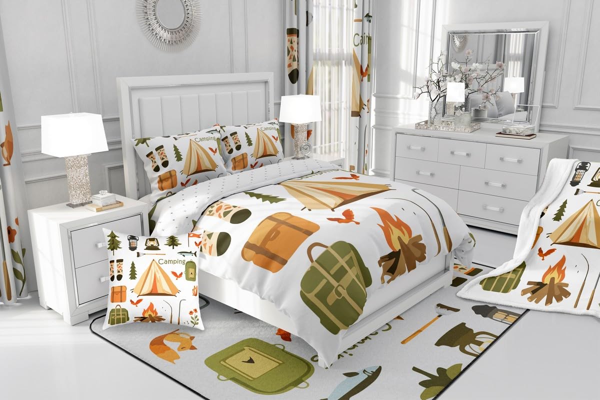 Loussiesd Happy Camping zestaw poszewek na kołdrę w rozmiarze king size dla dzieci, chłopców, dziewcząt, nastolatków, akcesoria do przyczep podróżnych, zestaw pościeli, ognisko, poszewka na kołdrę z 2