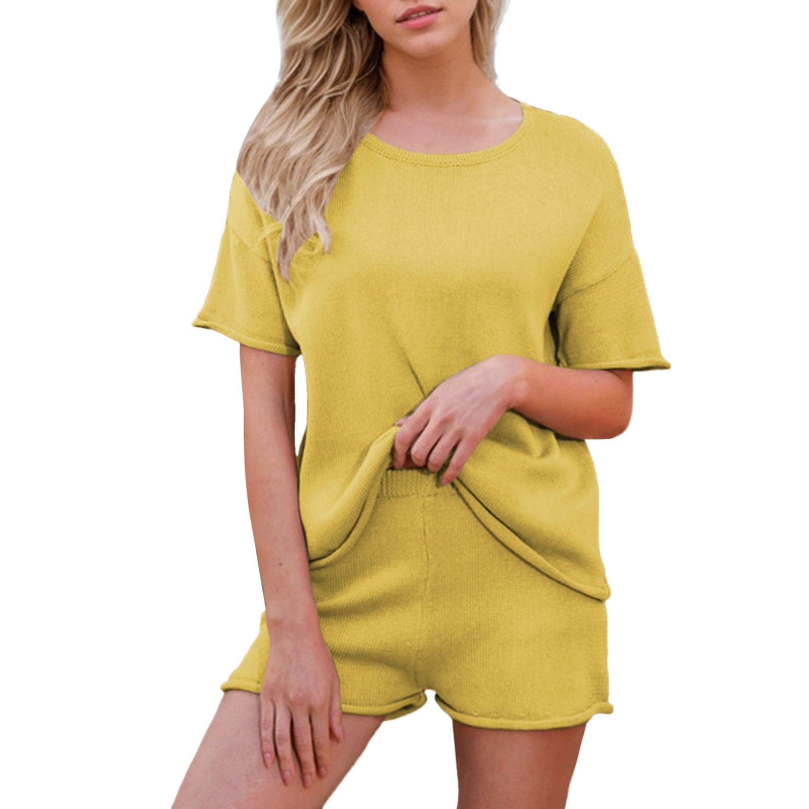 Pyjama Court Femme, Léger Pyjama Short avec Poches Pyjashort Shorts et Haut Manches Courtes Coton Ensemble Court Court Vêtements De Nuit Sportswear 2 Pieces Ete