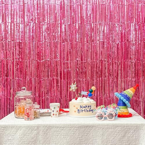 Image of 4 Pack Pink Foil Fringe Curtains, 13.2x6.6ft Streamers Backdrop, Tinsel Curtain for Birthday, Graduation, Christmas, Bachelorette, Wedding, Valentine, Gender Reveal| Pink Streamers Party Decorations