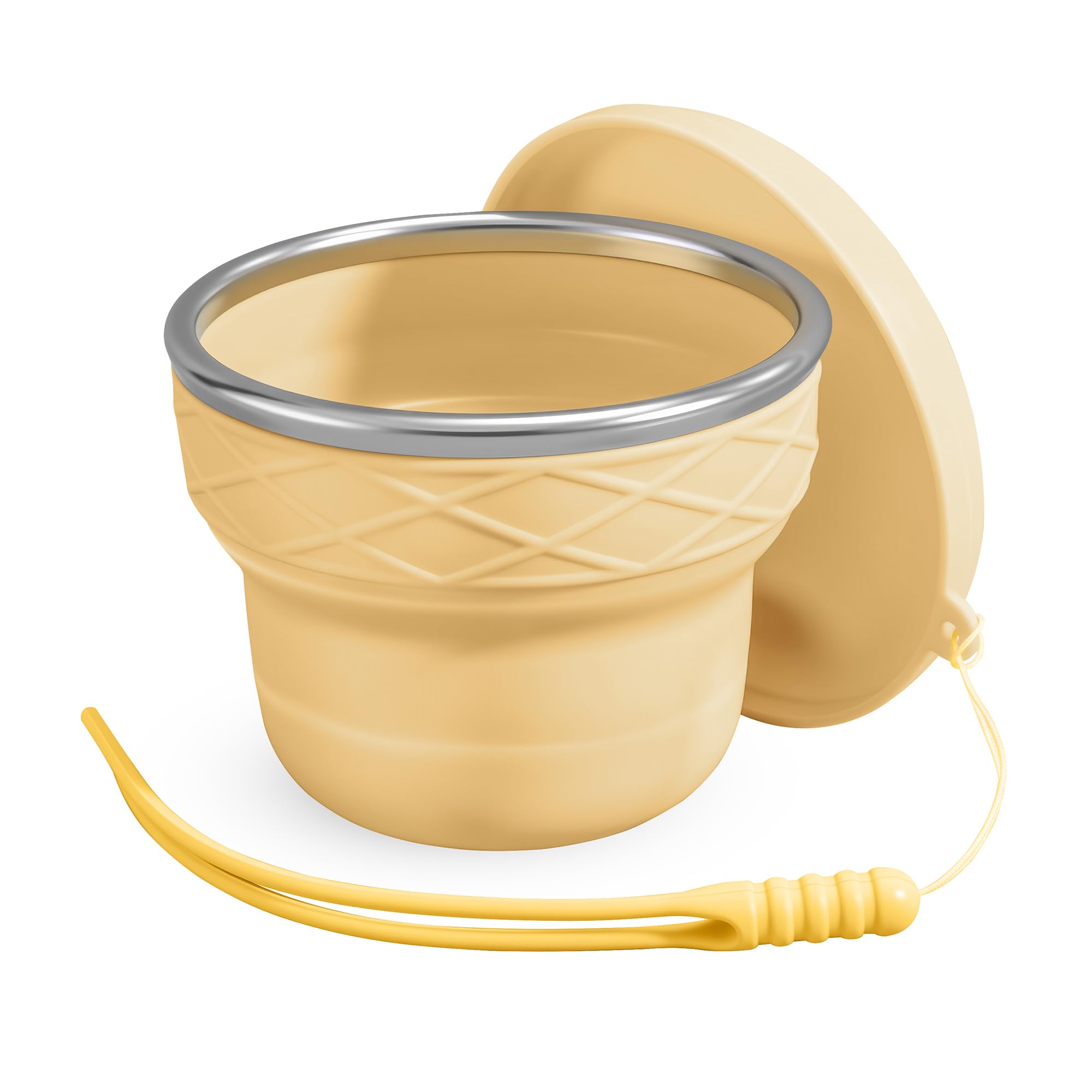 Faltbarer Silikon-Reisebecher 200 ml mit Staubschutz Gelb | Lebensmittelecht & BPA-frei, für kalte und heiße Getränke, mit Staubschutz, Edelstahlrand & Kordel, wiederverwendbar