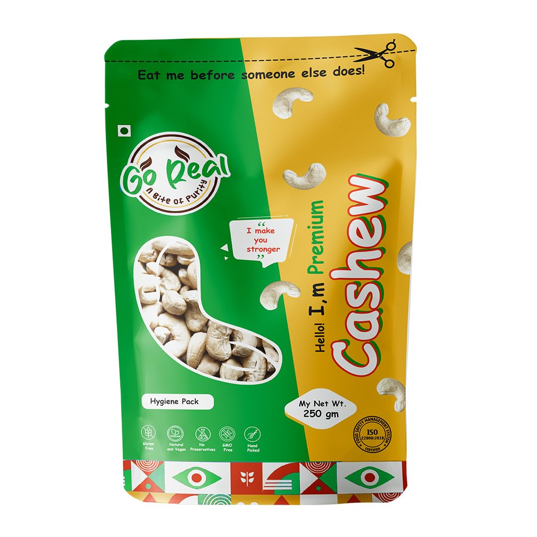 Go Real Premium Whole Cashews 250 gm | Boost Immunity | Plant Based High Protein | Gluten Free | Whole Crunchy Cashew & Delicious | Kaju Nuts