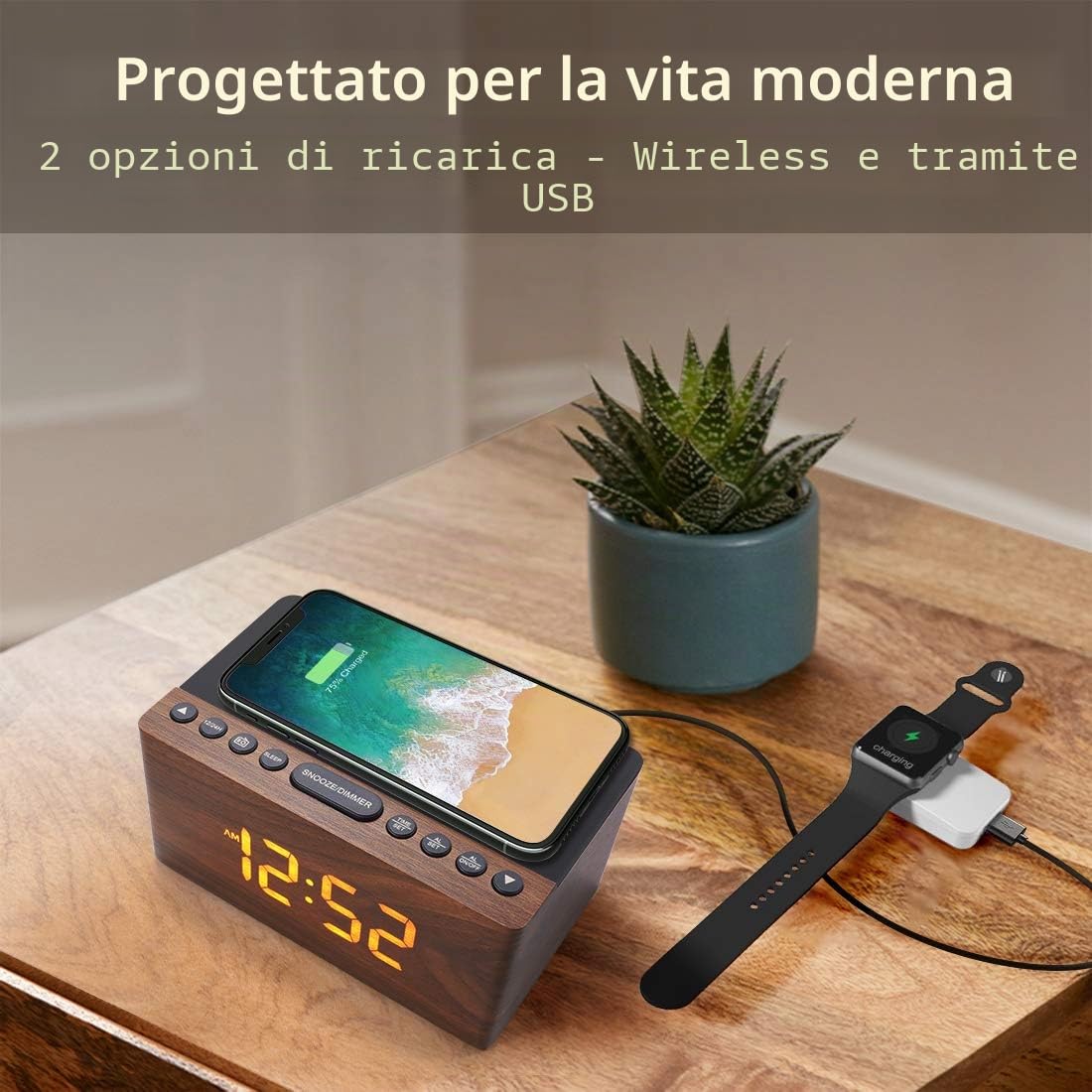 ANJANK Radiosveglia Digitale con Radio FM, Stazione di Ricarica Wireless Veloce 10W per iPhone/Samsung Galaxy, Display LED, Dimmer 5 Livelli, USB