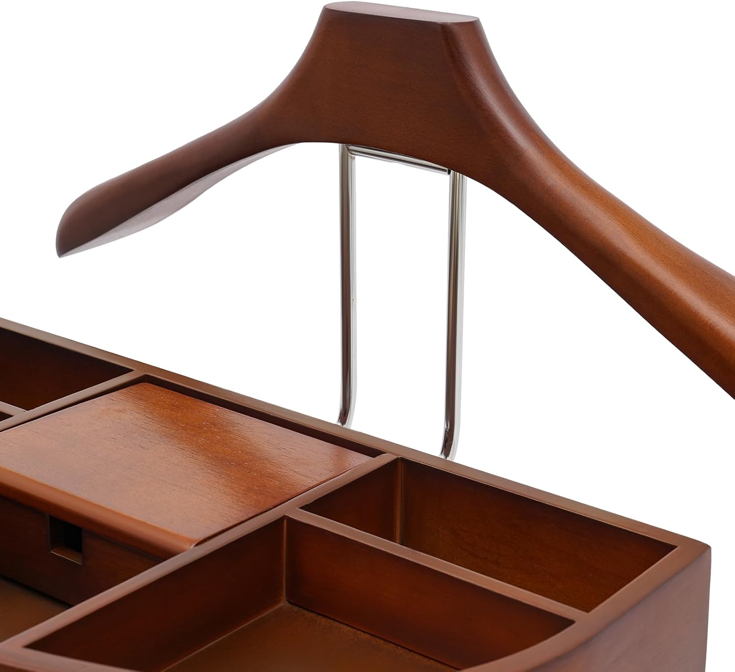 Wood Suit Rack - Freestanding Clothing Valet Stand with Tray & Drawer for Hats, Scarves, Bags & Clothes - Stylish & Functional Suit Valet for Organized Storage