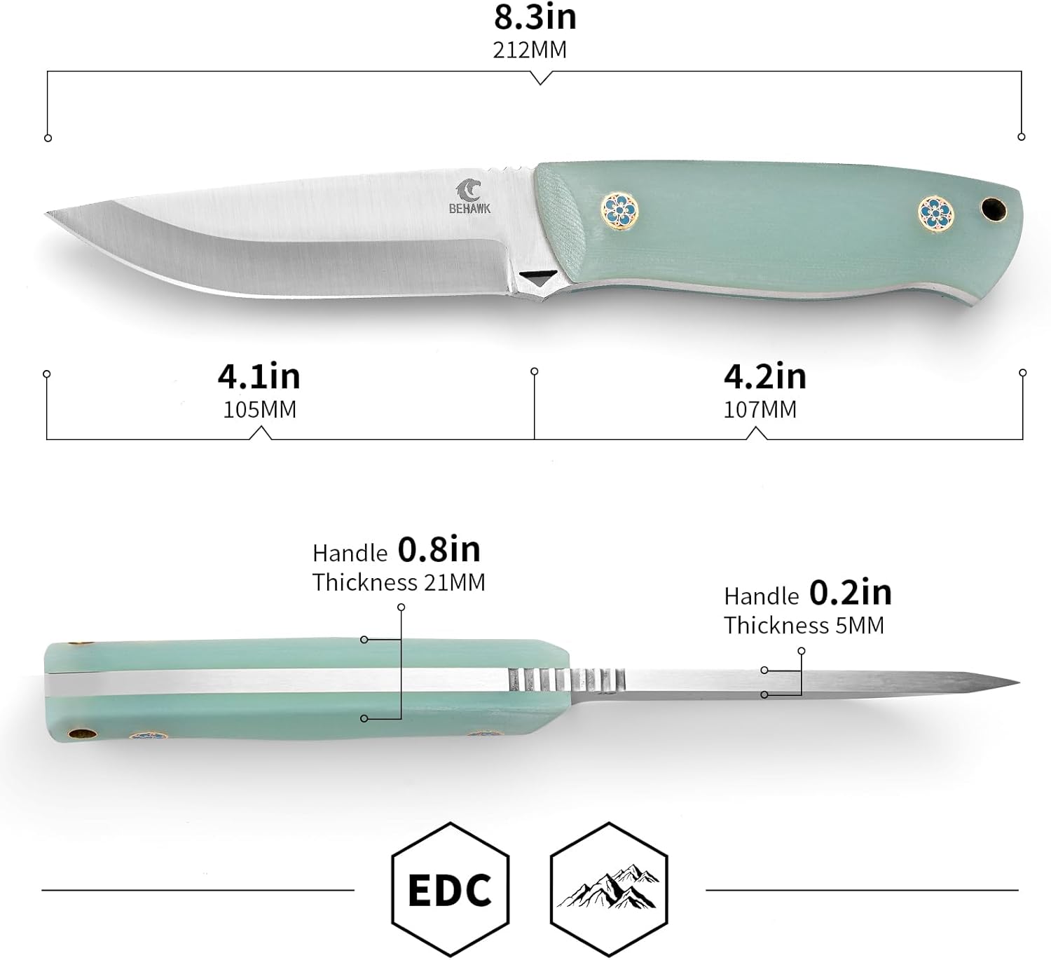Behawk Fixed Blade Knife, D2 Steel,G10 Handle with Sakura Mosaic Pin,Fixed Blade Hunting Knife With Sheath For Outdoor Survival Camping Hunting Fishing Hiking