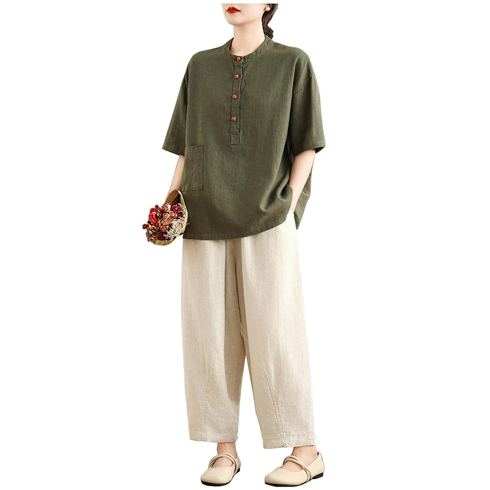 Uniforme da Tai Chi, Kung Fu Cinese, con Maniche Corte, per Arti Marziali, per Donne, per Esercizi Mattutini,ArmyGreen-XXL