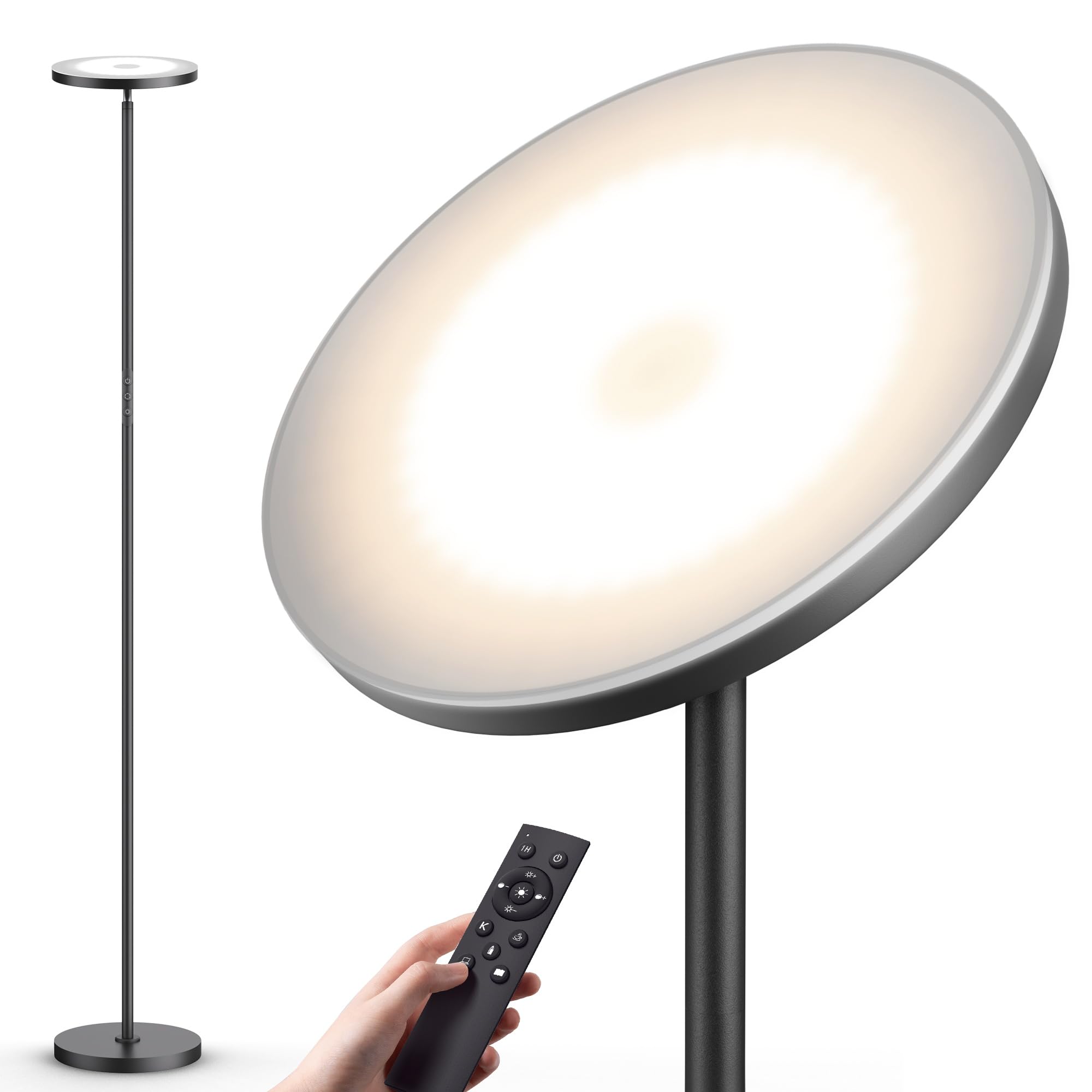 Uplighter LED Stehleuchten für Wohnzimmer, 36W superhelle Torchiere Standleuchte mit Fernbedienung, Touch-Control, 175 cm dimmbare moderne hohe Leuchte mit Timer für Schlafzimmer, Büro, Ecke, Schwarz