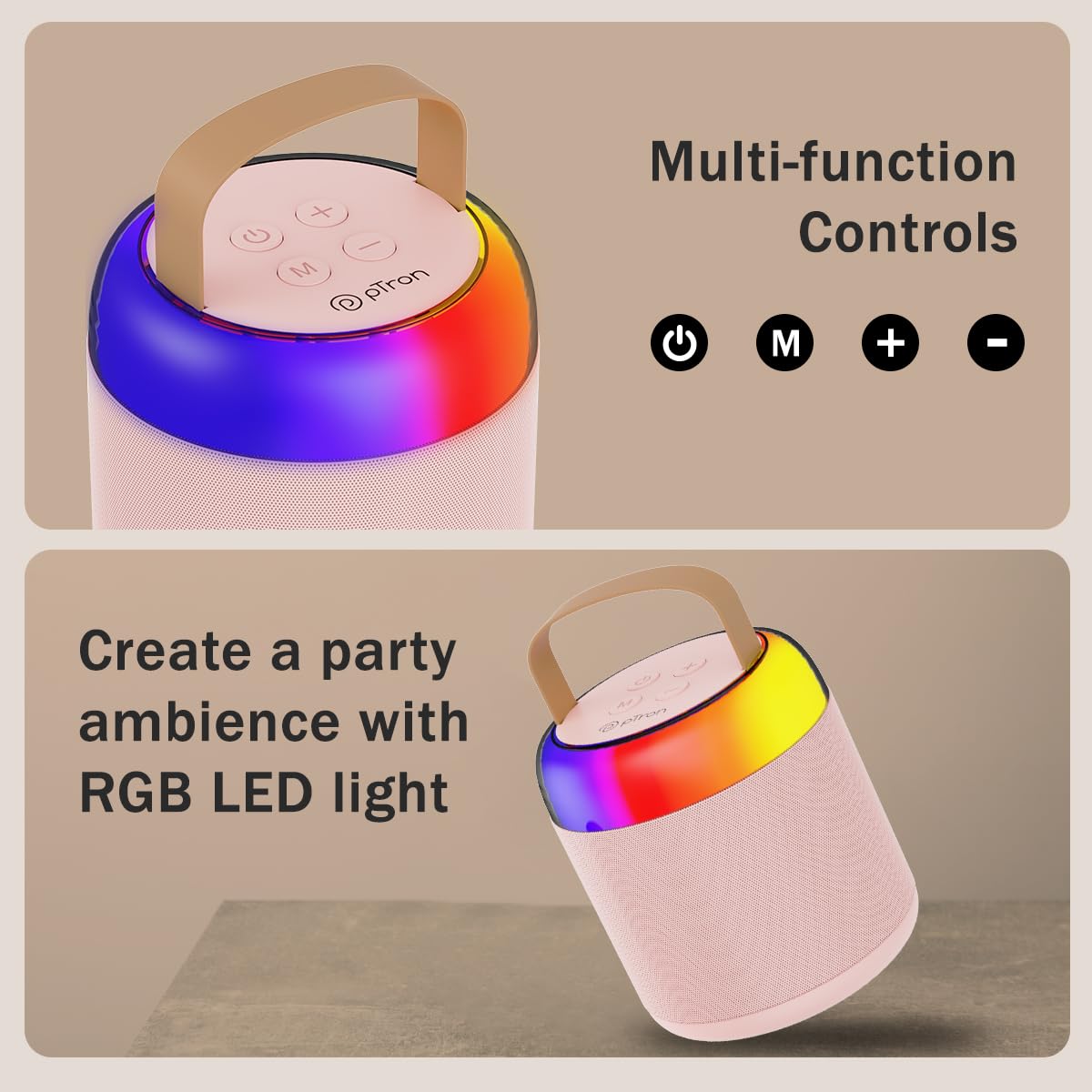 pTron Newly Launched Fusion Bliss 16W Bluetooth Speaker with Wireless Karaoke Mic, 6H Playtime, Vibrant RGB Lights, Voice Effects, Multi-Play Modes BT5.3/TF Card & Type-C Charging Port (Light Pink) 4