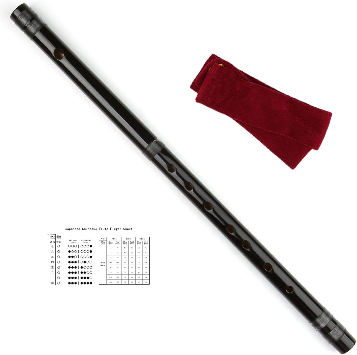 Japanese Shinobue Flute 7/8 Hon Handmade Bamboo Flute Musical Instrument (Black 7Hon)