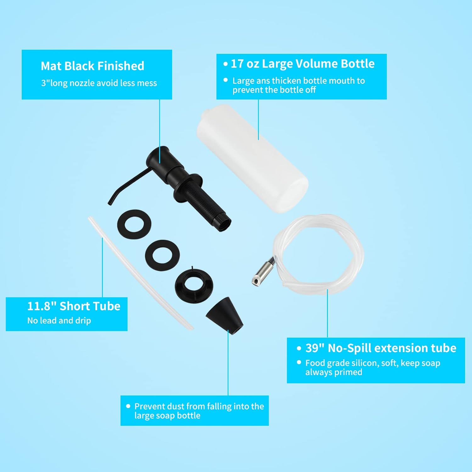 CREA Kitchen Soap Dispenser Countertop Soap Dispenserfor Kitchen Sink Black Built in Sink Soap Dispenser Top Fill Deck Mount Dispenser for Bathroom with 39" Tube Large Capacity 17 OZ Bottle - Image 5