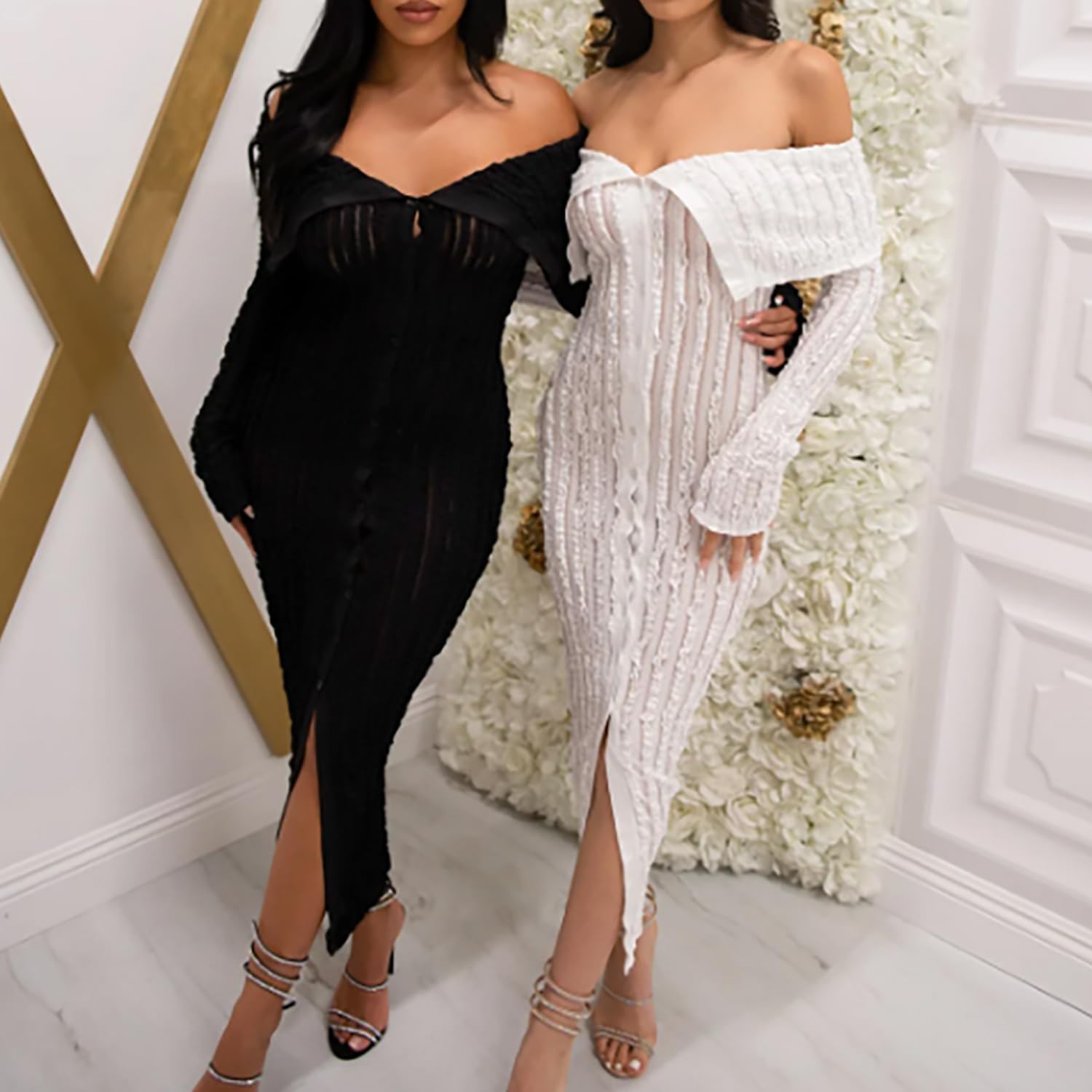 LETSVDO Women's Maxi Off Shoulder Dress Long Sleeve Button Down Ruffle Mesh Bodycon Sexy Dresses Stretchy - Image 6