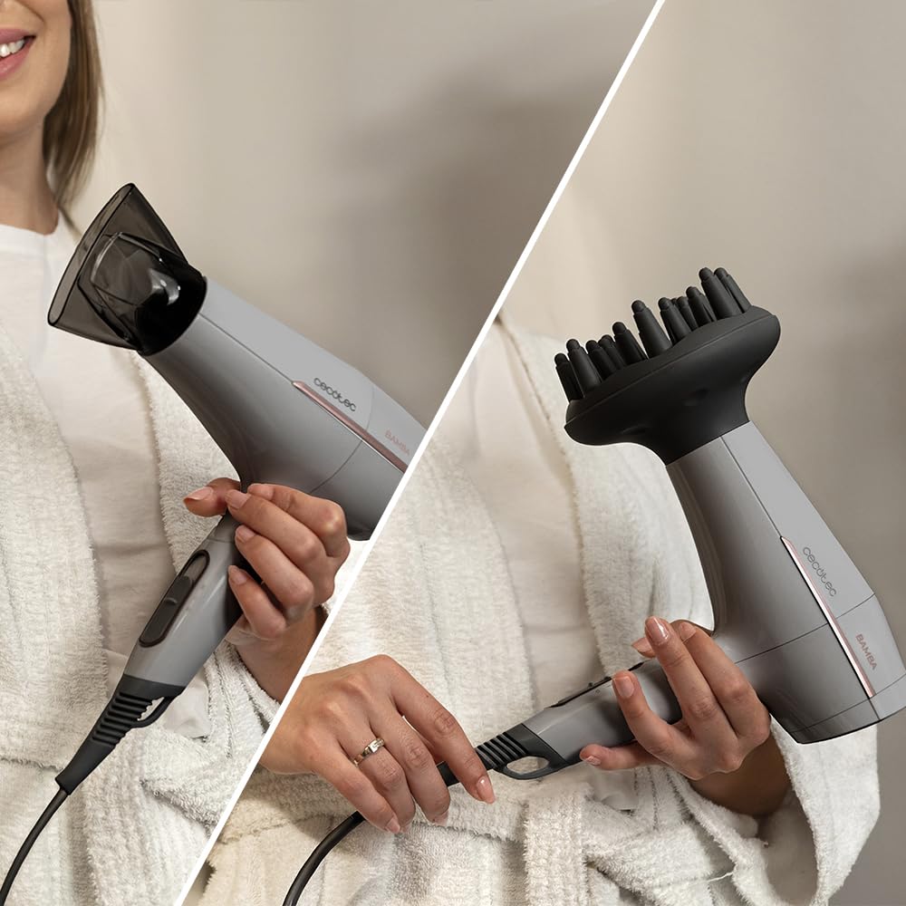 Cecotec IoniCare Power&Go Heaven szara podróżna suszarka do włosów, 2000 W, 2 temperatury, 2 prędkości, funkcja zimnego powietrza, dysza koncentratora i dyfuzor, pierścień do zawieszania