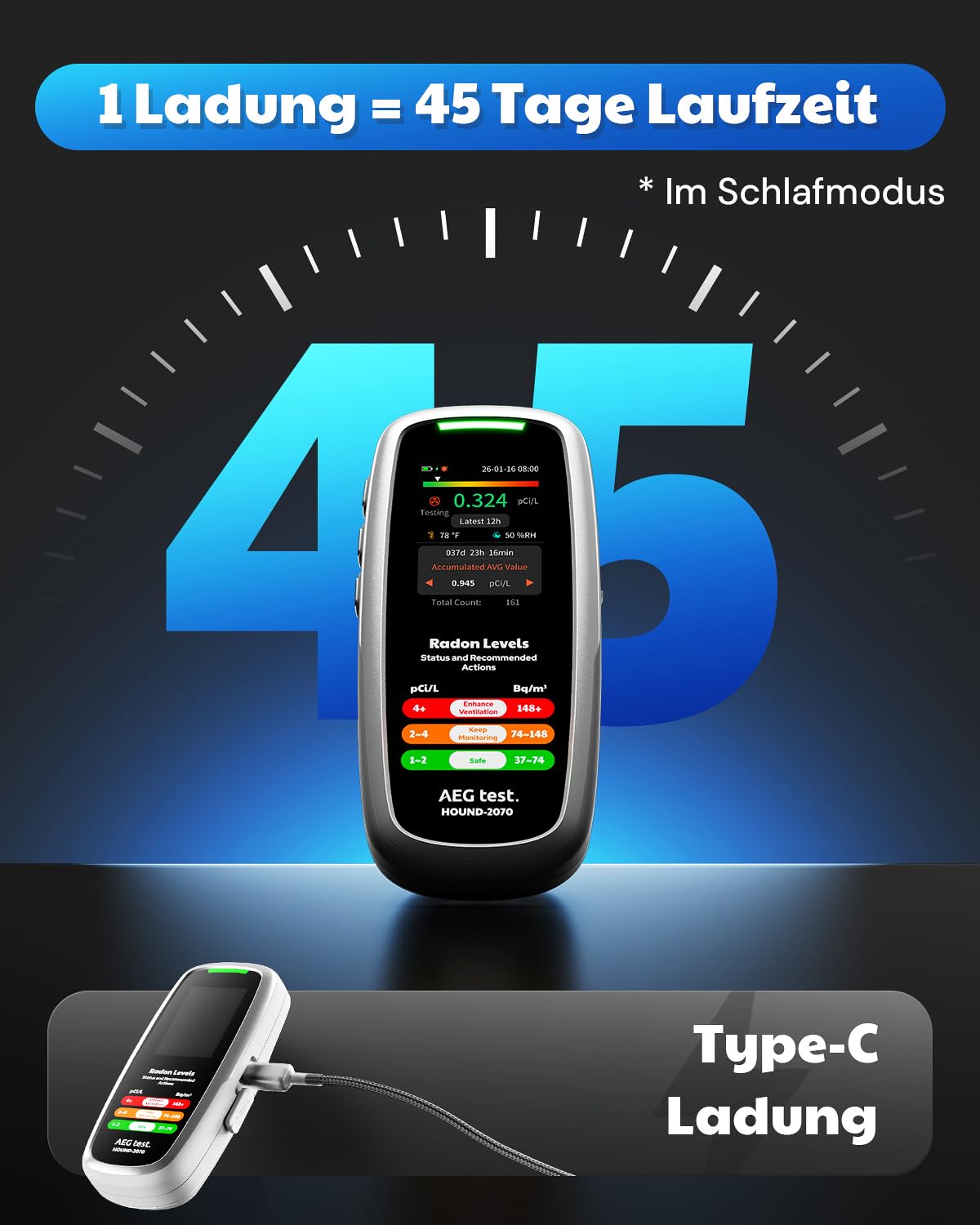 HOUND-2070 Radonmessgerät für Zuhause, mit Temperatur- & Luftfeuchtigkeitsanzeige, 504 Tage Datenspeicherung, wiederaufladbar, 3-in-1 tragbarer Radontester für Keller, pCi/L oder Bq/m³