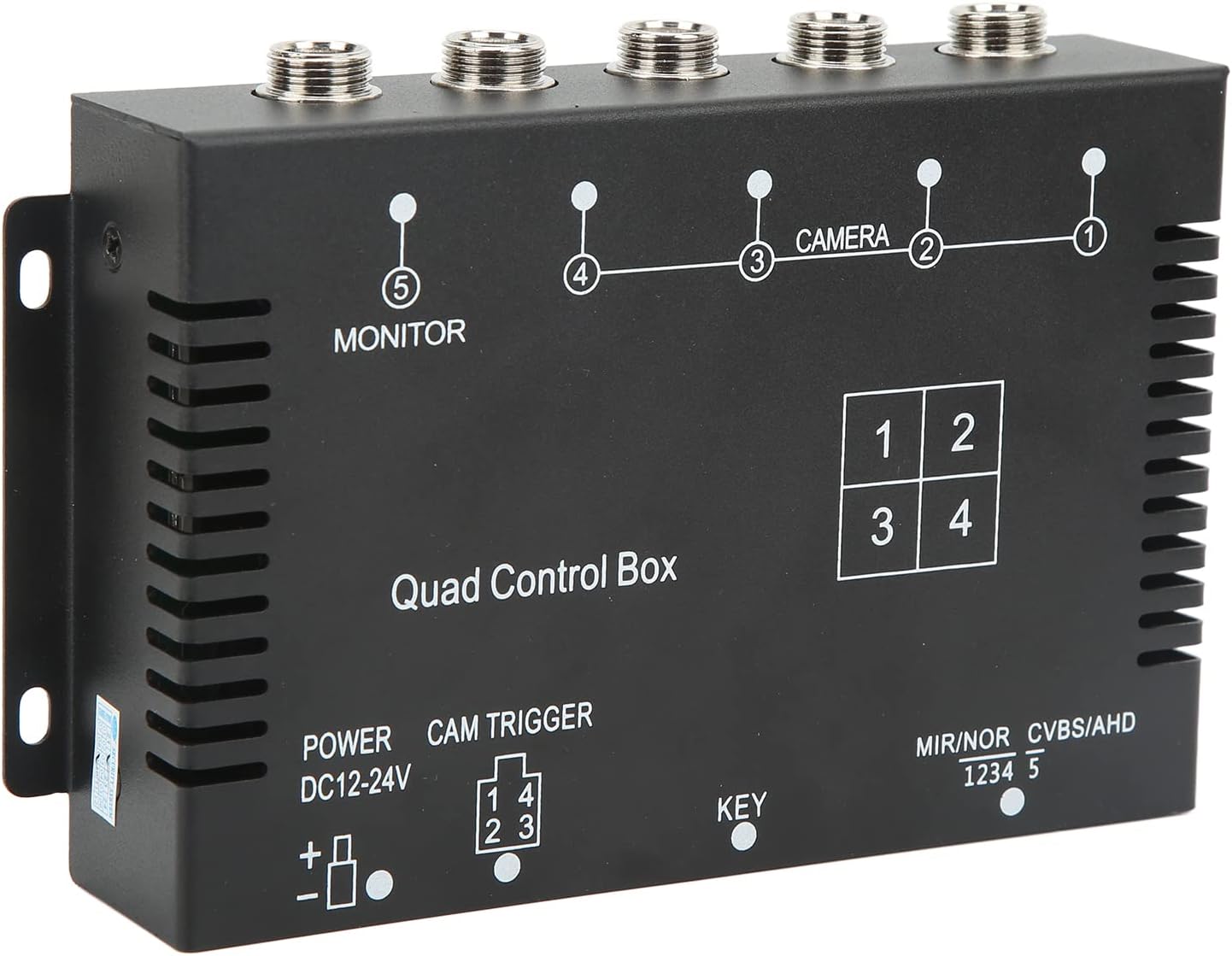 4 Channel Video Splitter, 1080P AHD Video Screen Switch for RV Truck Bus Trailer with 4 Channels Audio Input, Supports License Plate Numbers Overlay