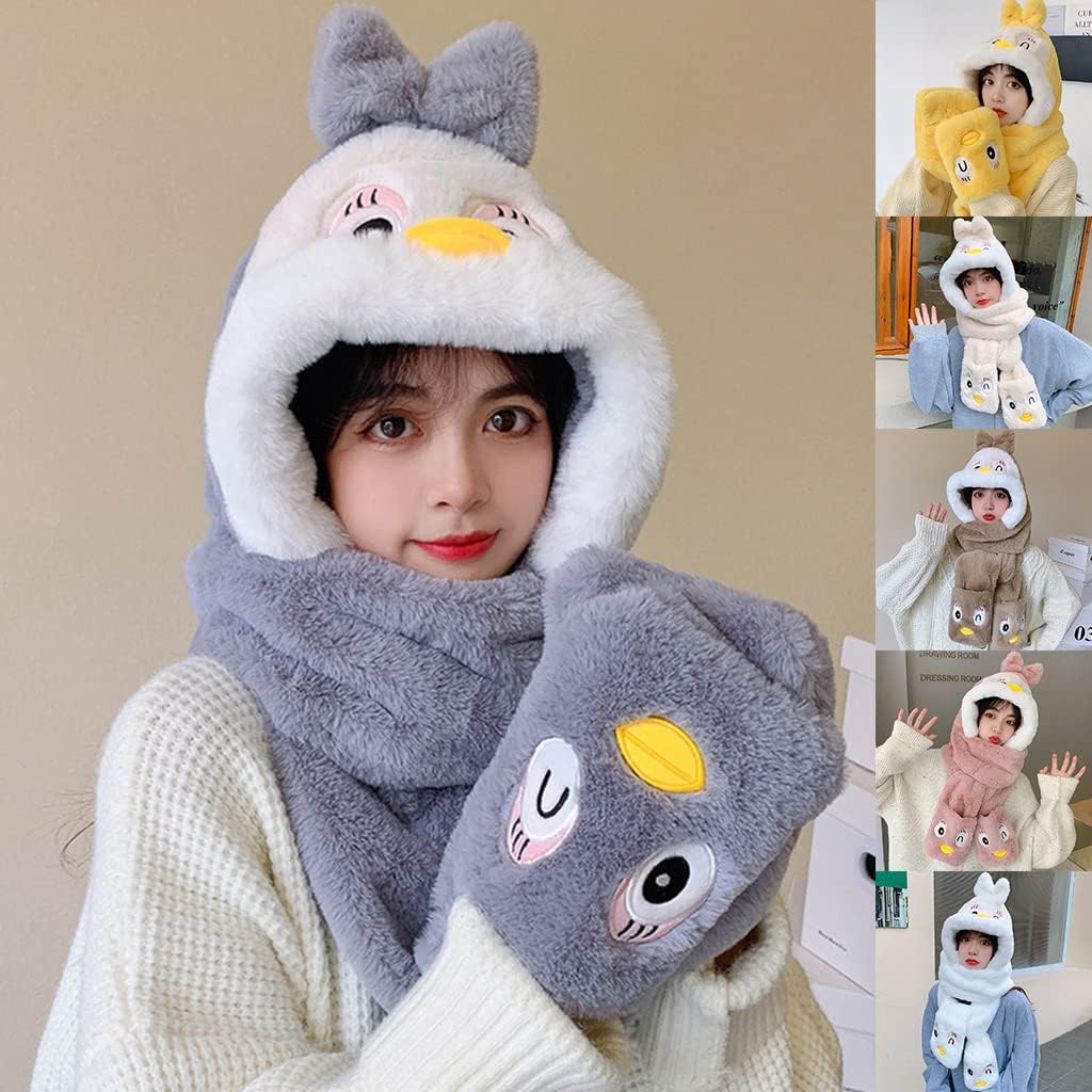 Scarf,Fashion Hat 3 in 1 Furry Hat Scarf Gloves Hooded Scarf with Mittens Headband Cap for Women Teen Girls Gifts Scarf(White)