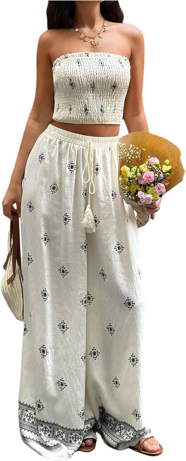 GORGLITTER Women's 2 Piece Sets Summer Dressy Tube Top And Bottom Set Vacation Outfits