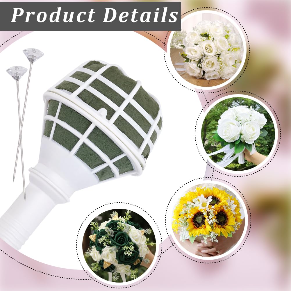 2 Stück 7 Zoll Brautstraußhalter Hochzeitsstraußgriff mit 100 Strassstecknadeln Diamantweiße und Grüne Blumennkunststoffgriffe für Frische und Künstliche Blumennarrangements Hochzeitszubehör