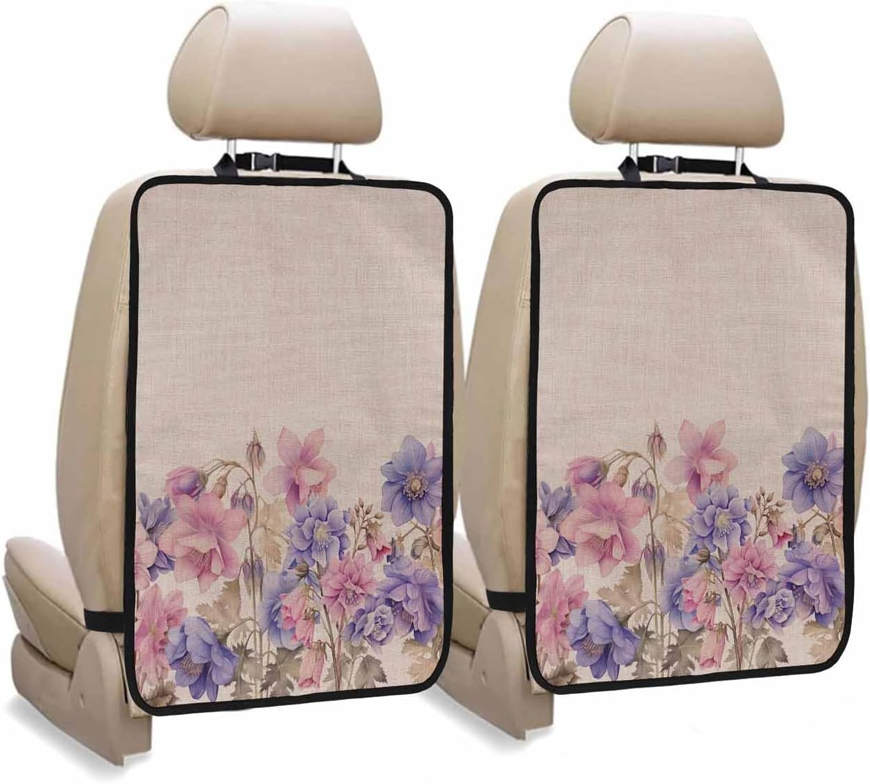 Car Seat Protector, 2 Pack Kick Mats Back Seat Protector Spring Farmhouse Style Plant Pink Purple Flowers Linen Texture Waterproof Backseat Cover for Kids Universal Fit Automotive Interior Protectors