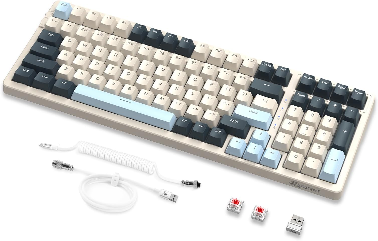 × FREEWOLF K8 3-Mode Mechanical Keyboard, 2.4G Wireless Bluetooth Gaming Keyboard with A Coiled Cable, Hot Swap Gasket Mount Colorful Keyboard, Red Switch for Laptop PC Mac -Blueberry