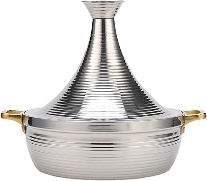 Three Layers Thickened Taji Pot Tagine Pot Moroccan for Cooking Durable 304 Stainless Steel Tajine Pot with Conical Lid, for Slow-CookingSilver,30cm
