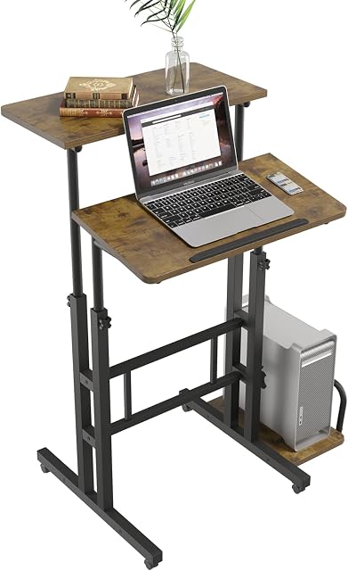 Dripex Sit-Stand Desk Height-Adjustable Computer Desk Rolling Mobile Office Writing Table Riser Standing Workstation with Wheels for Home Office