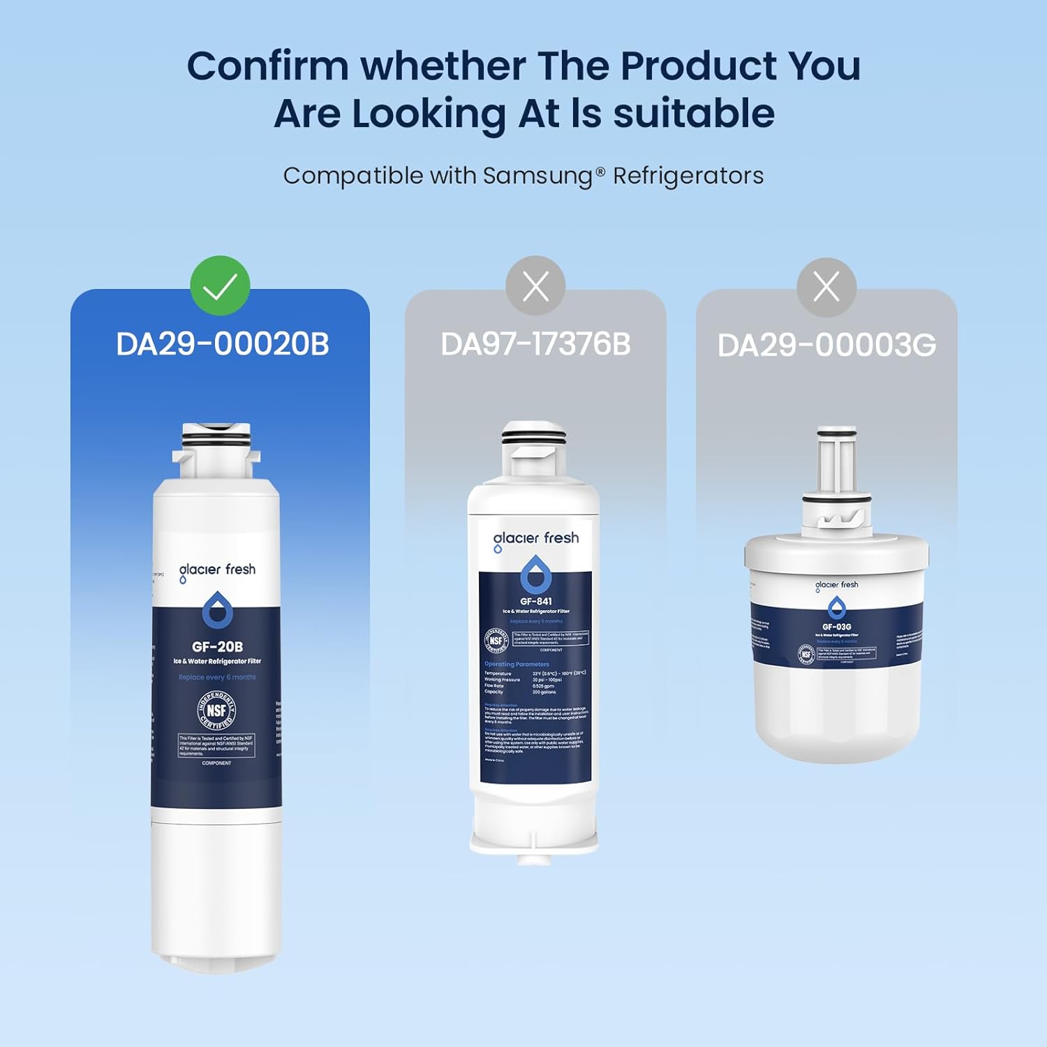 GLACIER FRESH DA29-00020B Refrigerator Water Filter Compatible with Samsung DA29-00020A/B, DA29-00020B-1, HAF-CIN/EXP, 46-9101, RF4267HARS For French Door Fridge Kitchen (3 PACK) - Image 2