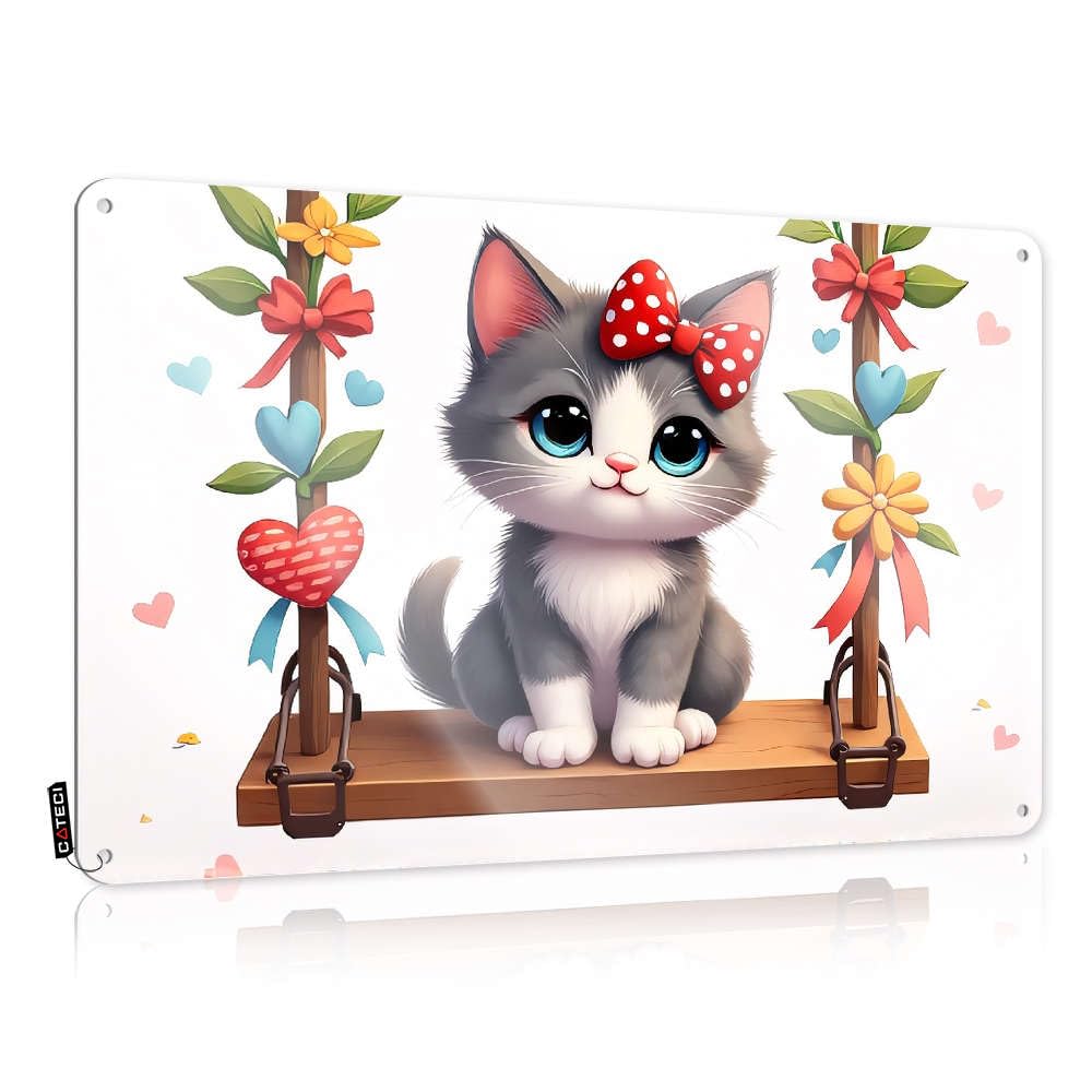 Decore Matal Sign Holder | A Cute Kitten With A Red Bow Sits On A Swing Decorated With Flowers And Hearts. Retro Saloon Decoration(30X40CM)