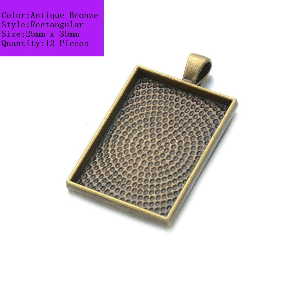 AKOAK12 Pieces 25mm X 35mm Antique Bronze Rectangle Pendant Trays Pendant Blanks Cameo Bezel Settings for Photo Charm,Cabochon and Jewelry Making