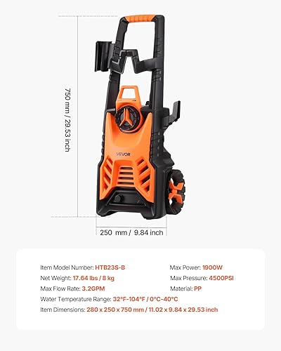 Miniatura 7 de VEVOR Lavadora a presión eléctrica, máximo 4500 PSI 3.2 GPM, limpiador de alta potencia con cañón de espuma y 4 boquillas para calzadas,