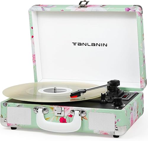 Tocadiscos de vinilo Bluetooth vintage de 3 velocidades portátil de maleta con altavoces incorporados, 33, 45, 78 RPM, reproductor LP accionado por