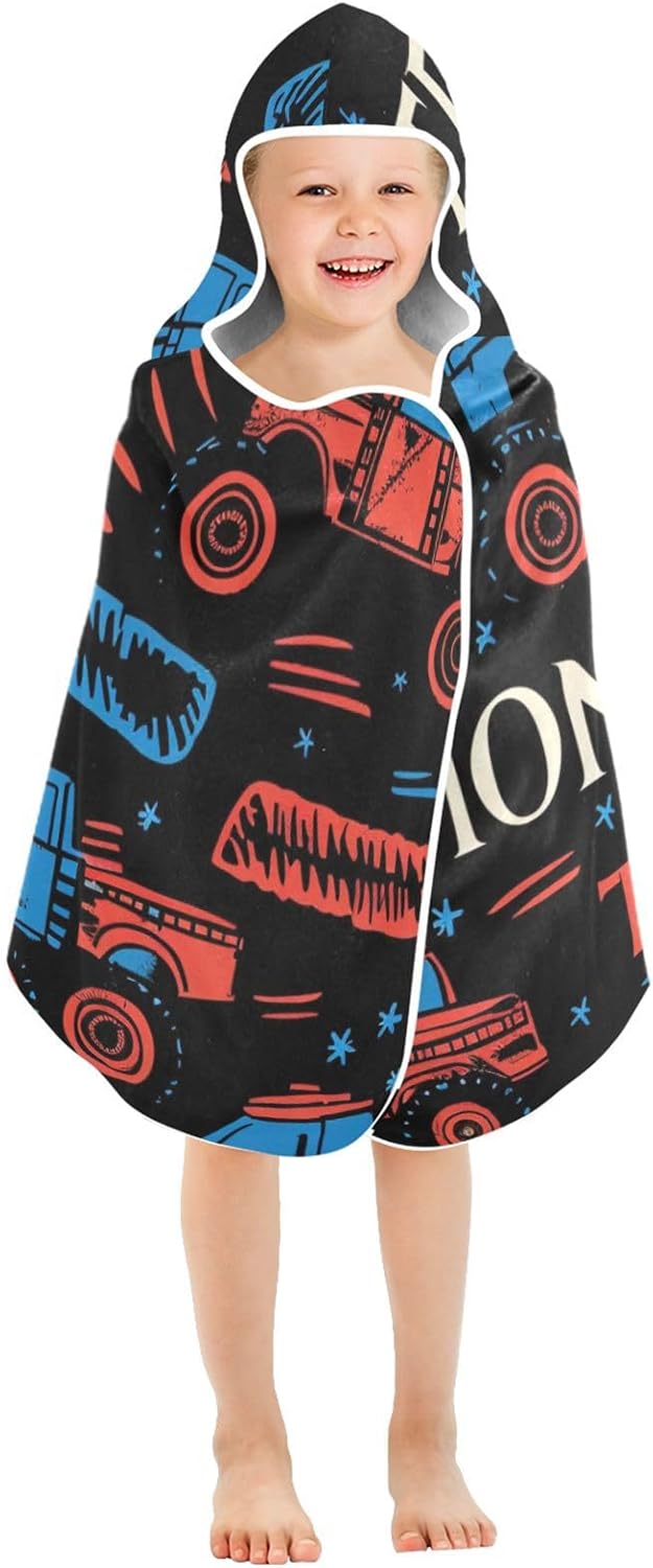 Hooded Towels for Kids Toddler Beach Towel Baby Personalized Bath Poncho Swim Pool Towel Bathrobe Soft Absorbent 23.5"X 50" Monster Trucks Black