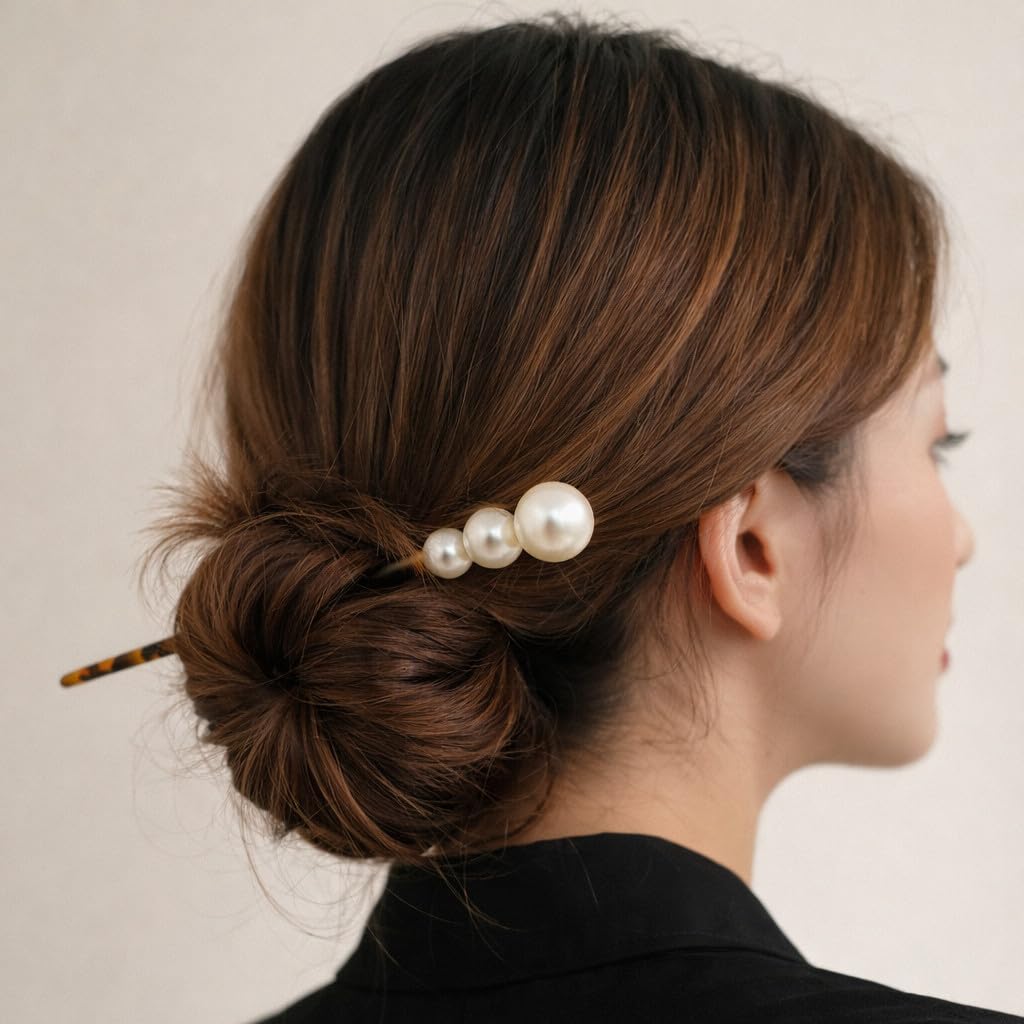 Leopard Print Acetate Hair Stick with Pearl Accent for Women, Elegant U Shape Hair Pin for Bun & Updo Hairstyles, French Style Decorative Hair Accessory