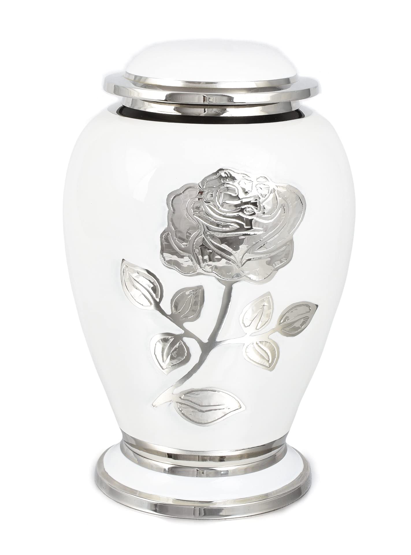 Urnswithlove White Adult Cremation Urn For Ashes Large Funeral Memorial Urn With Silver Rose Design