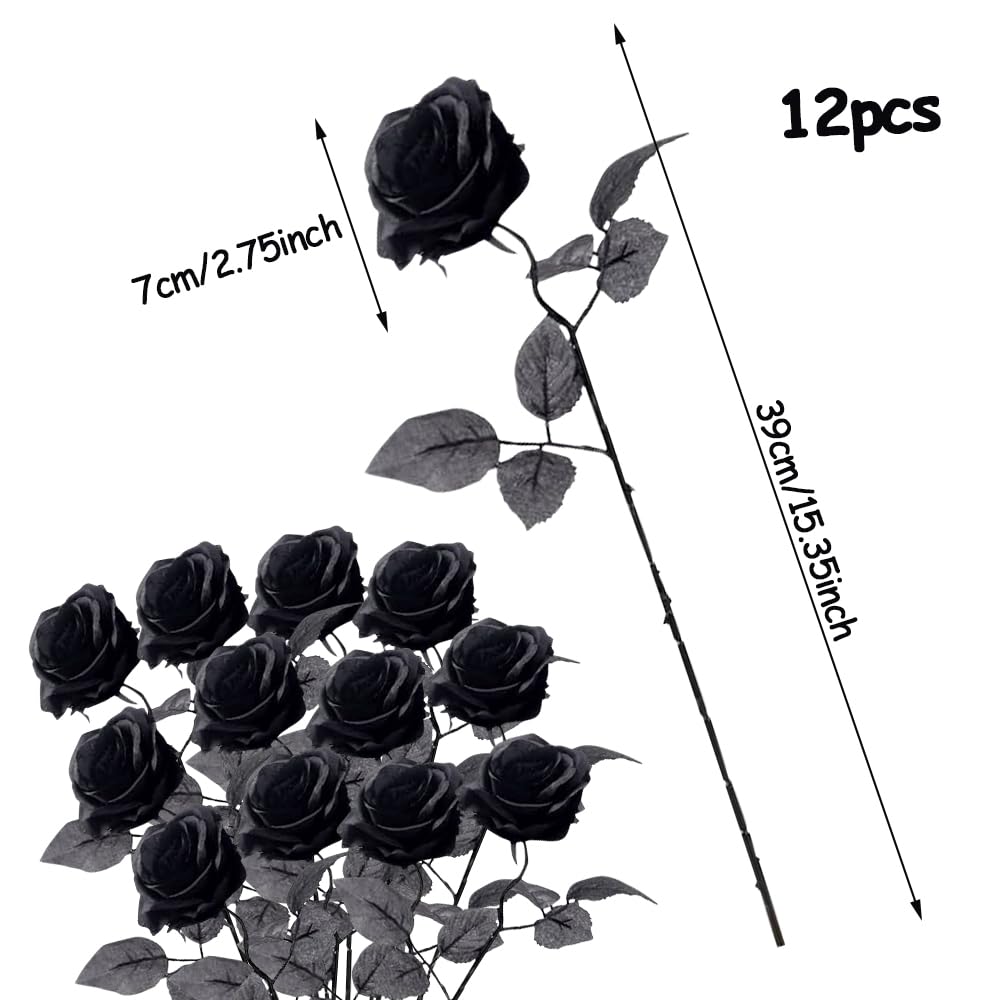 Laelfe 12 Pezzi Rose Nero Artificiali, 53 cm Singola a Gambo Lungo Rose Finte Seta Artificiale, Bouquet Fiori di Rosa per Decorazione della Matrimoni Home Office Cucina Ufficio Giardino