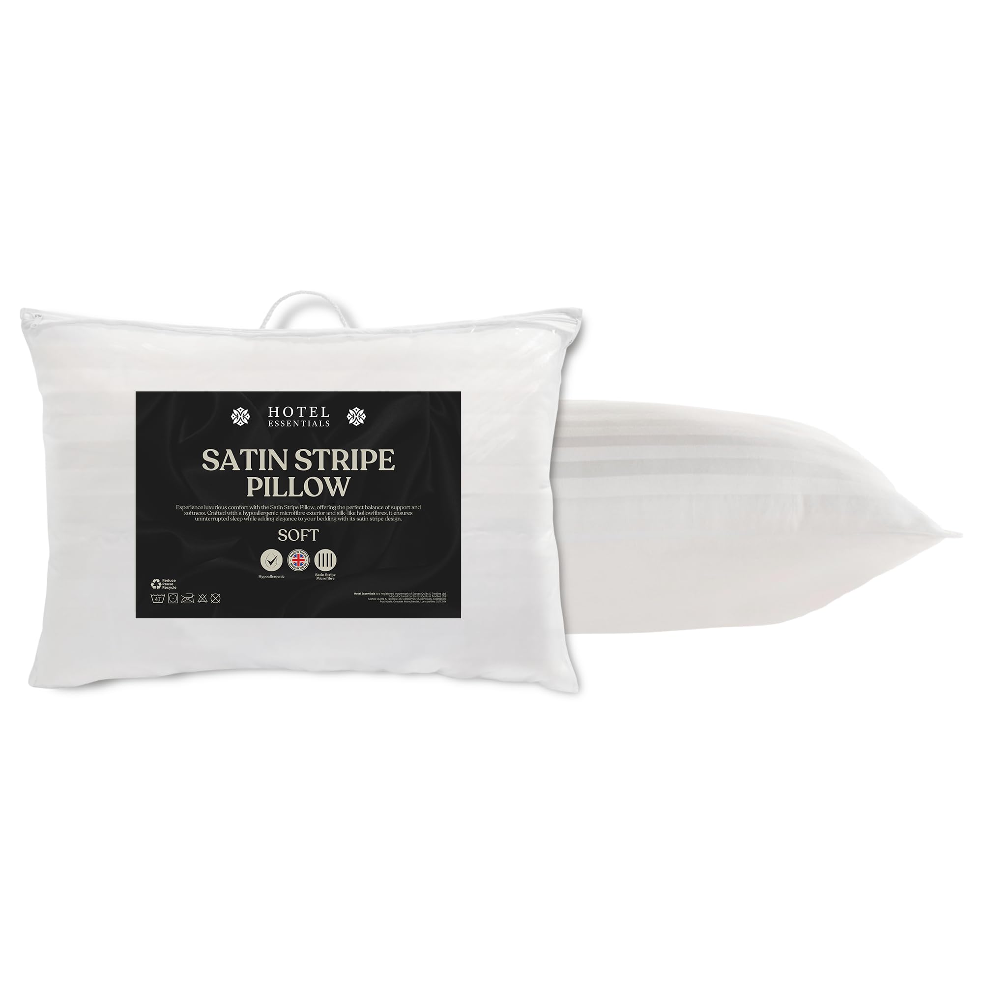 Hotel Essential White Soft Touch Satin Stripe Pillow - Pack Of 1, Hypoallergenic Soft Support, Microfibre Pillows For Front And Stomach Sleepers, Filled With Bouncy Hollowfibre, Big Pillows For Bed