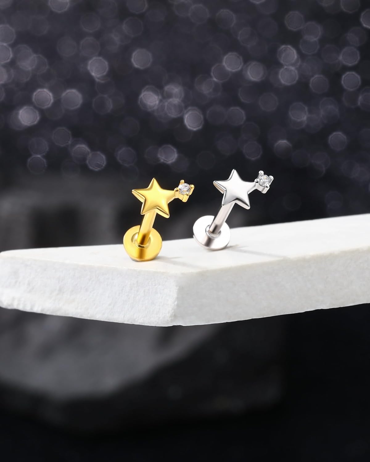 Jewseen 925 Sterling Silver Tragus Stud Earrings 16g Internally Threaded Flat Back Earrings Star Helix Piercing Jewelry Gold Cartilage Stud for Women - Image 3