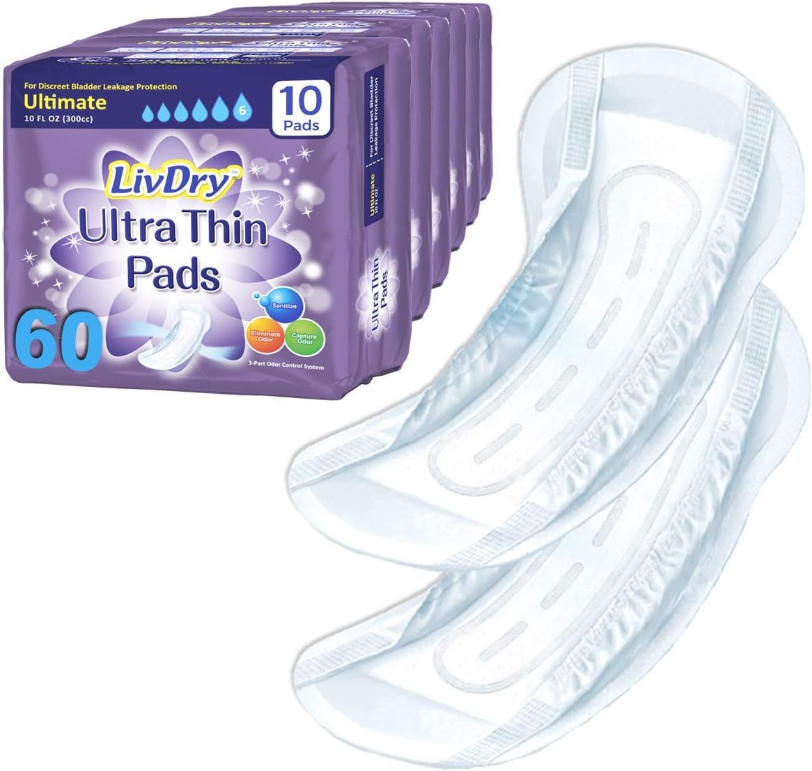LivDry Incontinence Ultra Thin Pads for Women | Leak Protection and Odor Control | Extra Absorbent (Ultimate 60-Count) Ultimate (60-count)
