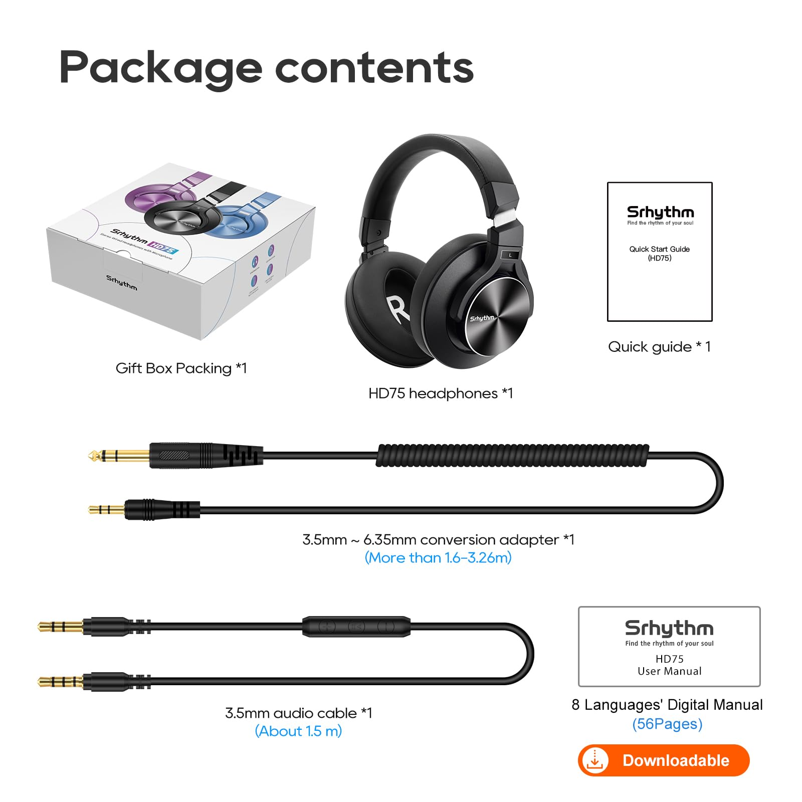 Srhythm HD75 Casque DJ filaire pour Studio/Party/Guitar