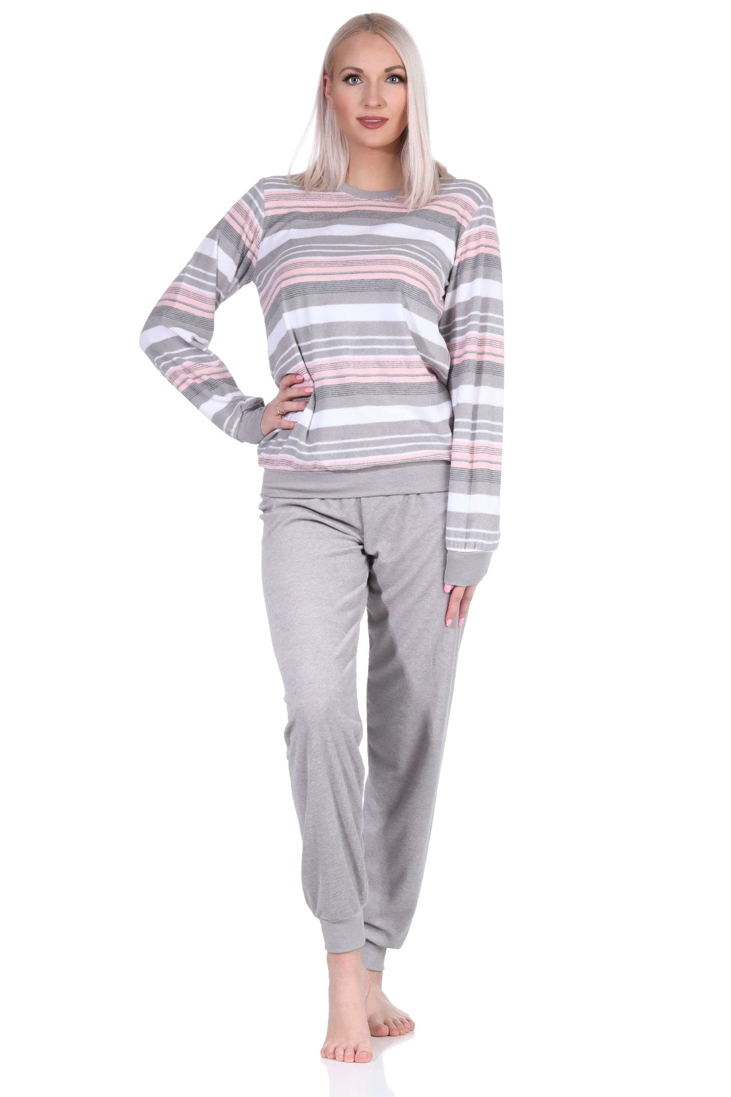 Eleganter Damen Frottee Pyjama Langarm Schlafanzug mit Bündchen in Streifenoptik - 212 840