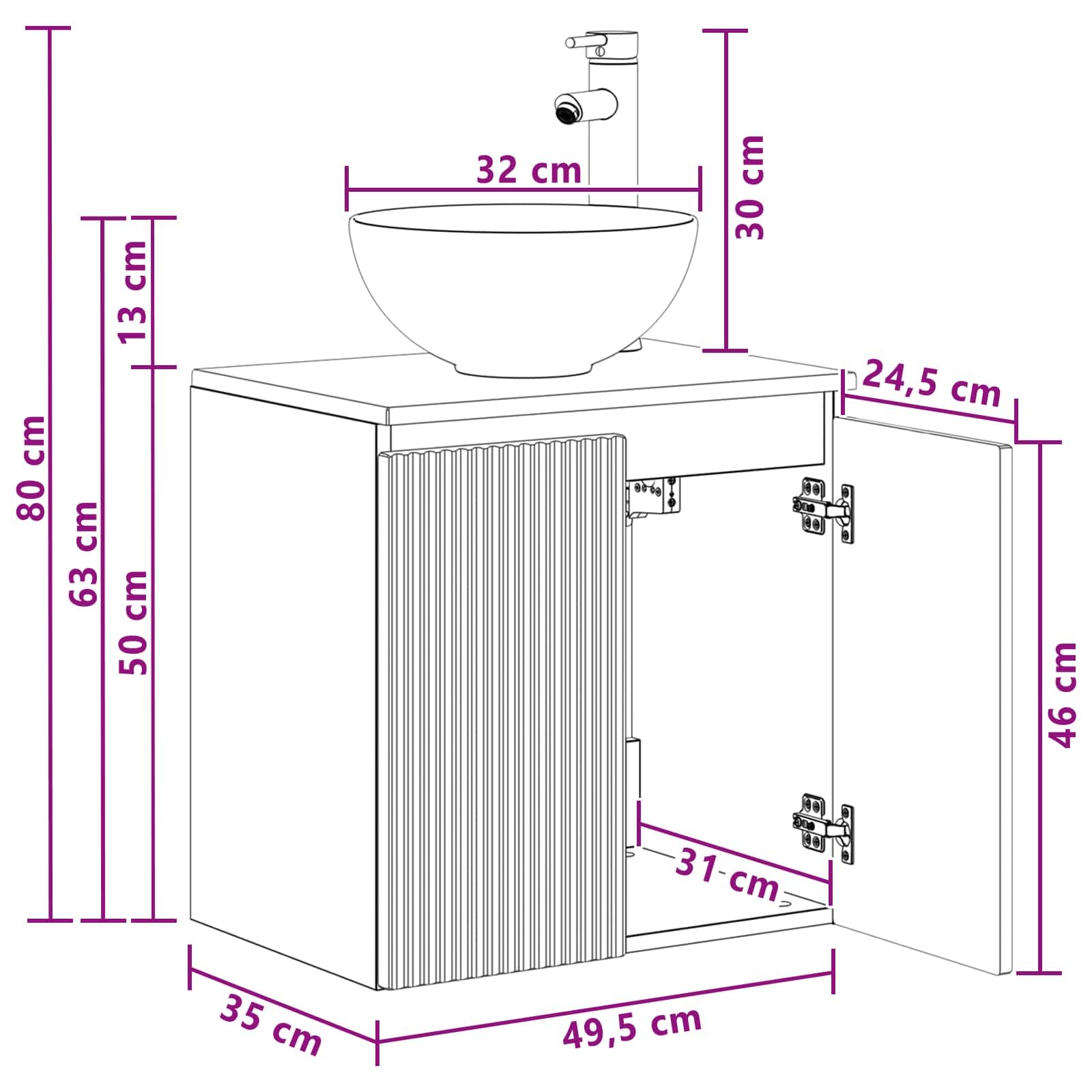Lavabo de pared con lavabo, roble ahumado, 49,5 x 35 cm | Armario de baño con fregadero para baño y aseo de invitados, incluye accesorios para el montaje.