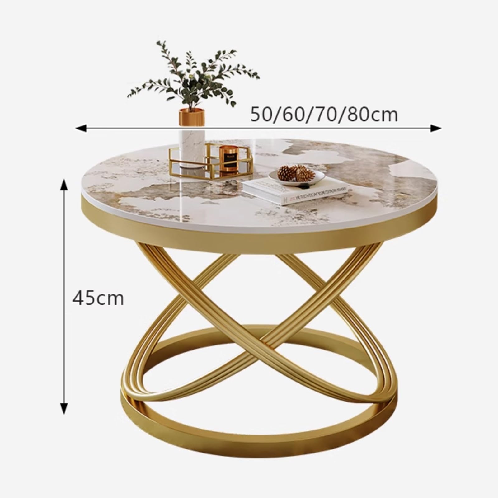 Table Basse Ronde, Table à thé Moderne avec Pierre Naturelle marbrée, Pieds en X, Structure en métal, Grand Plateau de Rangement, pour Salon, Bureau à Domicile(F,50cm)