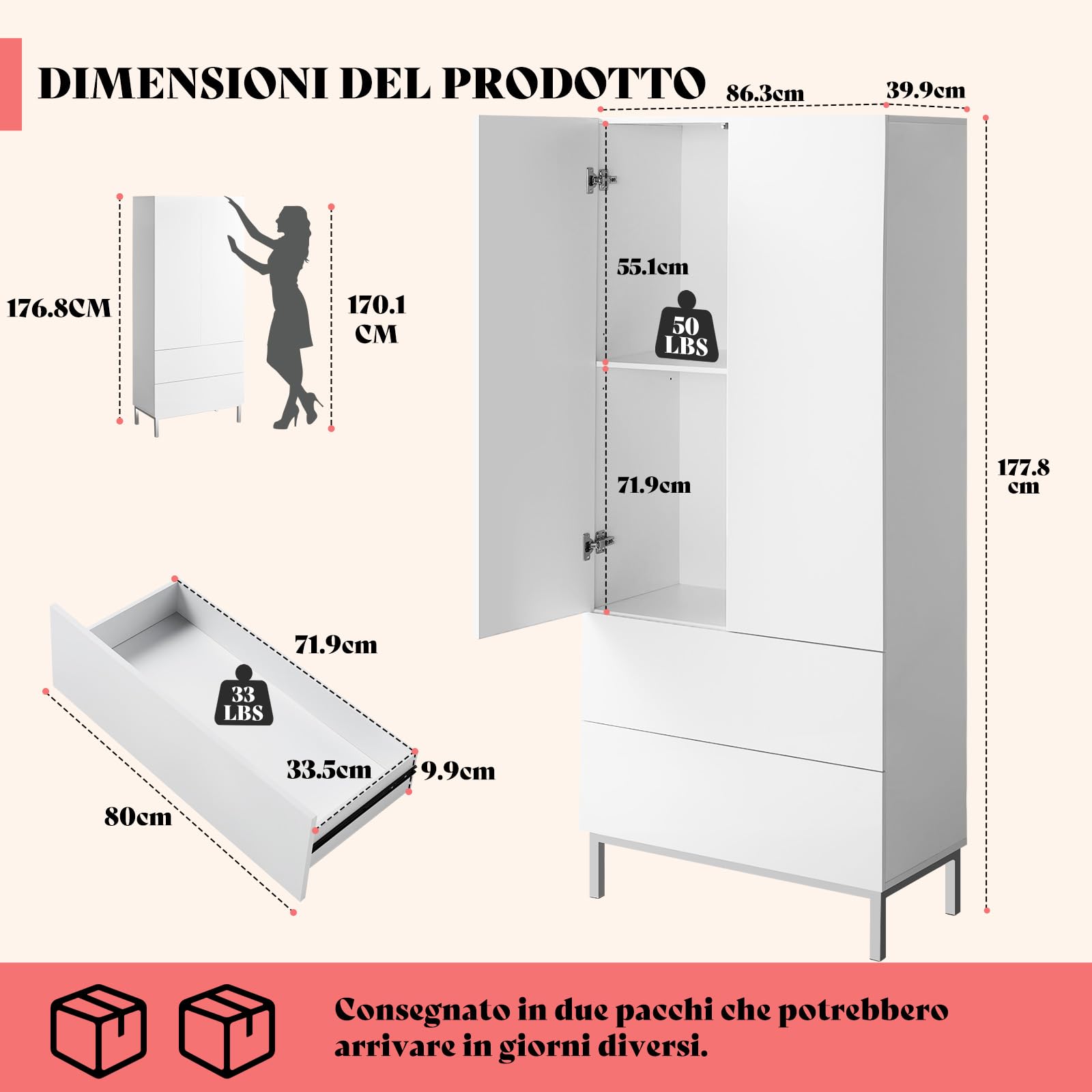 LUXOAK Modern Hochglanz Wohnzimmer Schrank, Weißer Hochschrank 170 cm mit Schubladen & Verstellbaren Einlegeböden, Aufbewahrungsschrank für Wohnzimmer