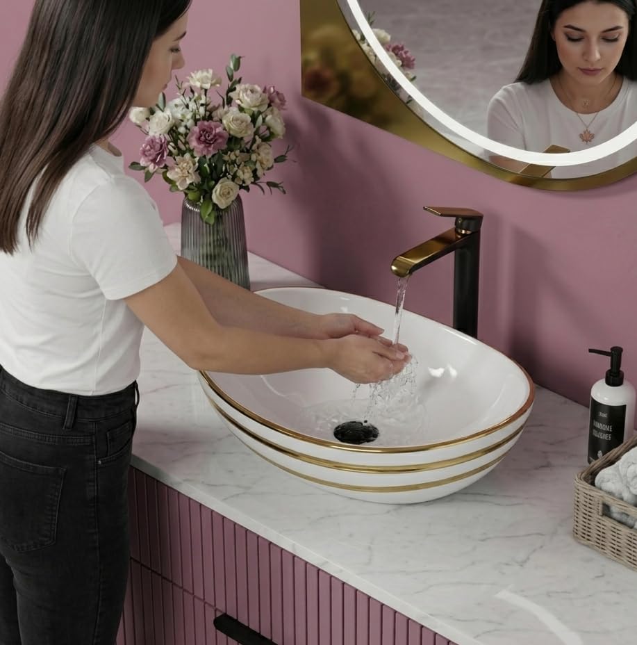 Image of BASSINO 24x14x6 Inches Ceramic Table Top Wash Basin /Designer Bathroom Sink /Countertop Vessel Basin /Luxury Washbasin /Above Counter Basin for Bathroom /Vanity Sink for Dining Hall(Glossy White & Gold)