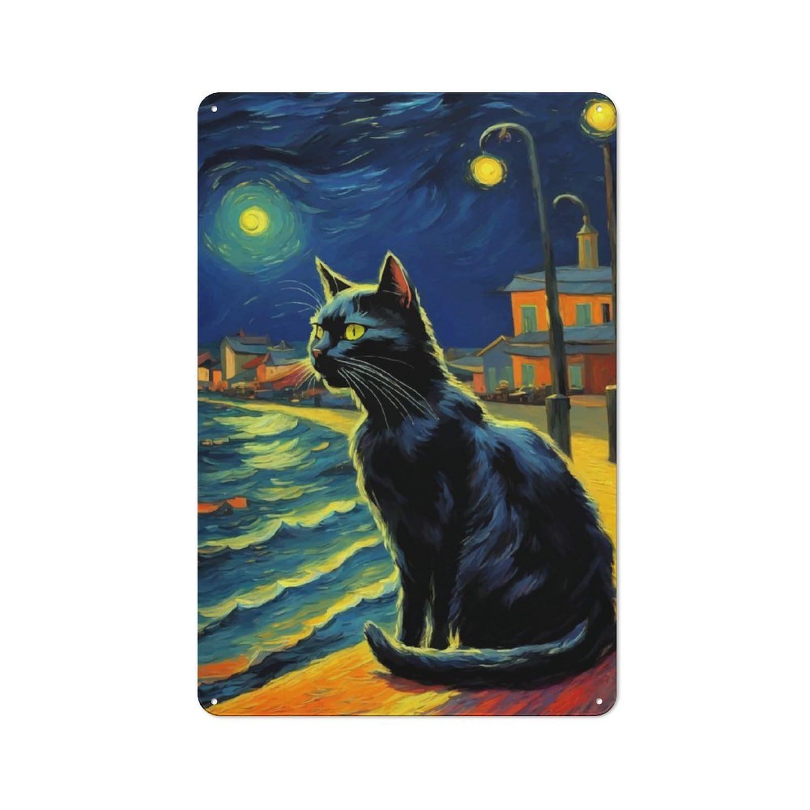 Junmoney The Starry Night Black Cat Country Country Metal Sign 30X20cm Featuring Rustic Kitchen Decor For Cottage, Kitchen, Hallway Or Breakfast Nook