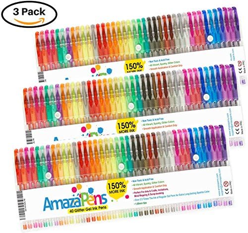 Glitter Colored Gel Pens - 150% More Ink Than Other Sets 3 Packs of 40 Unique Colors for Adult Coloring Books and All Crafts