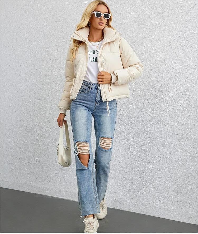 Women's Cropped Puffer Jacket Stand Collar Winter Warm Puffy Quilted Jackets Coats - Image 4