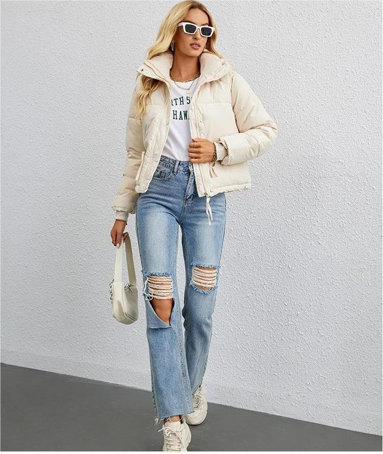 Women's Cropped Puffer Jacket Stand Collar Winter Warm Puffy Quilted Jackets Coats4