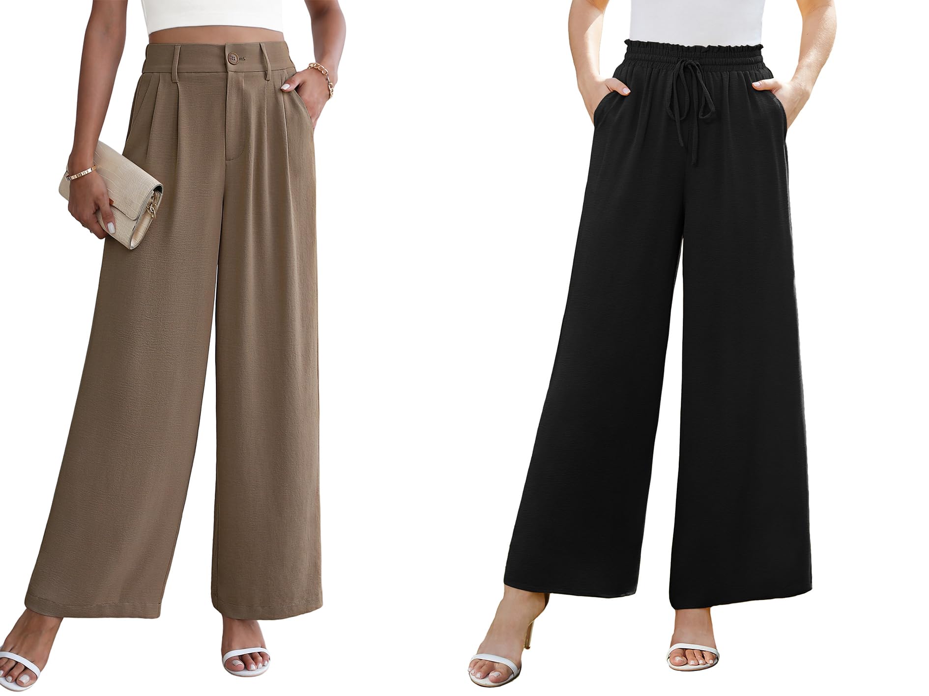 CZYINXIAN Womens Casual High Waisted Wide Leg Pants and Womens Flowy Adjustable Tie Knot Elastic Waist Pants Large